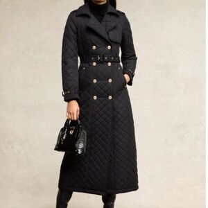 Holland Cooper Full Length Black Enstone Quilted Trench Coat UK Size L NWT